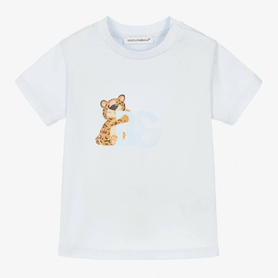 Shop Dolce & Gabbana Boys Pale Blue Cotton Leopard Logo T-shirt