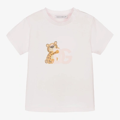 Shop Dolce & Gabbana Girls Pale Pink Cotton Leopard Logo T-shirt