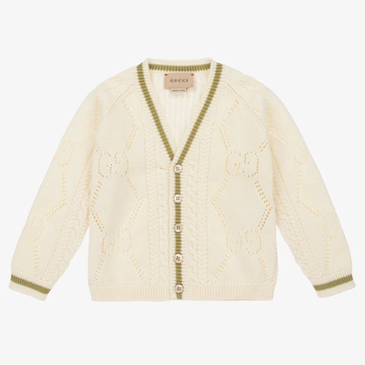 Shop Gucci Ivory Pointelle Cotton Knit Gg Cardigan