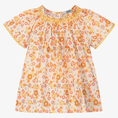 Shop Dr Kid Girls Orange Floral Cotton Blouse In Yellow