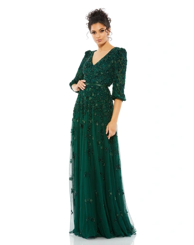 Shop Mac Duggal Embellished V Neck 3/4 Sleeve A Line Gown In Deep Emerald