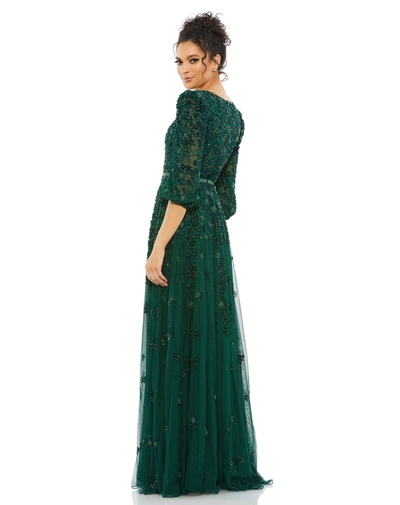 Shop Mac Duggal Embellished V Neck 3/4 Sleeve A Line Gown In Deep Emerald