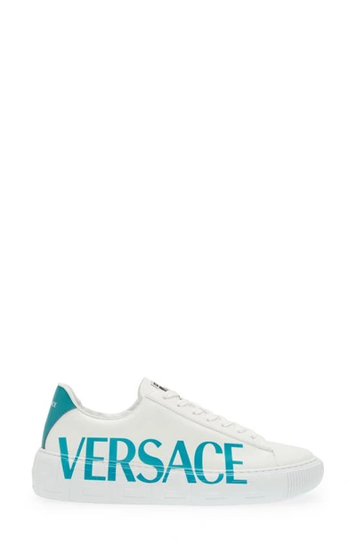 Shop Versace La Greca Logo Low Top Sneaker In White/ Teal