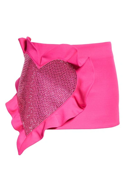 Shop Area Crystal Heart Ruffle Wool Stretch Crepe Miniskirt In Fuchsia