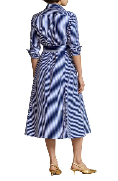 Polo Ralph Lauren Embroidered Poplin Shirt Dress With Belted Waist In Bright Navy/ White