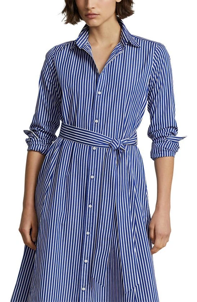 Polo Ralph Lauren Embroidered Poplin Shirt Dress With Belted Waist In Bright Navy/ White