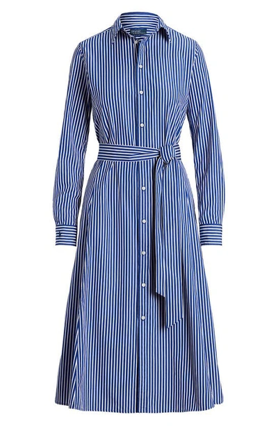 Shop Polo Ralph Lauren Ashton Long Sleeve Tie Waist Shirtdress In Bright Navy/ White