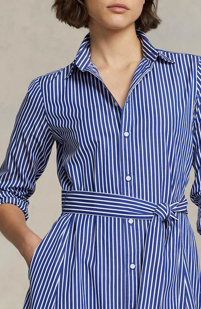 Polo Ralph Lauren Embroidered Poplin Shirt Dress With Belted Waist In Bright Navy/ White