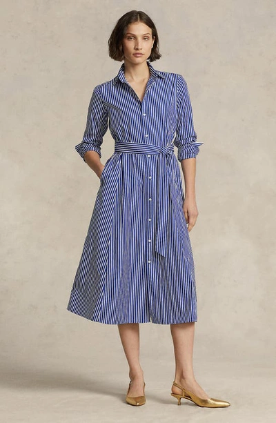 Shop Polo Ralph Lauren Ashton Long Sleeve Tie Waist Shirtdress In Bright Navy/ White