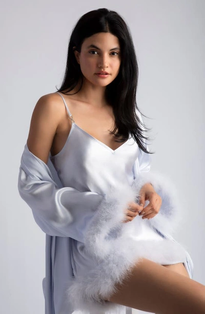 In Bloom By Jonquil Feather Trim Satin Robe In Ice Blue