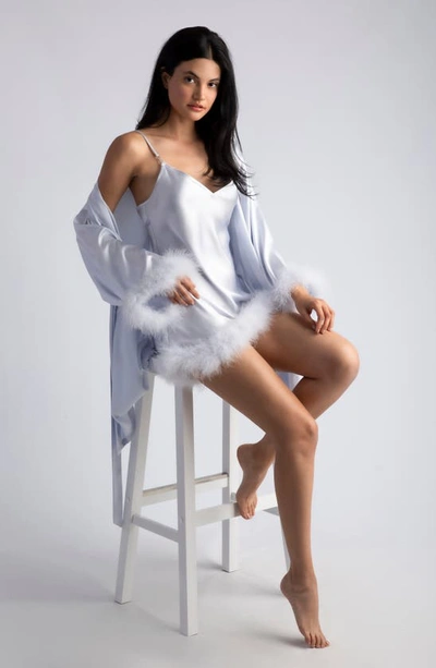 In Bloom By Jonquil Feather Trim Satin Robe In Ice Blue