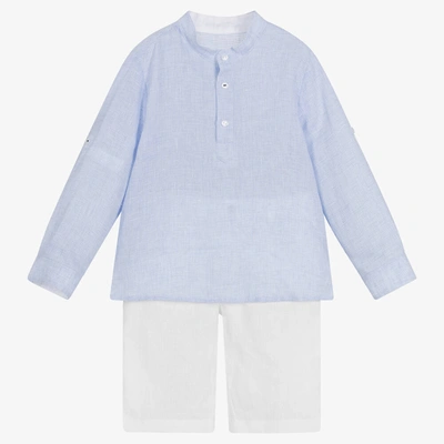 Shop Lapin House Boys Blue & White Linen Shorts Set