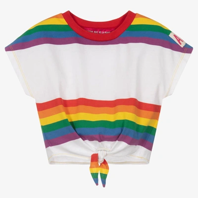 Shop Agatha Ruiz De La Prada Girls Cotton Rainbow Stripe Crop T-shirt In White
