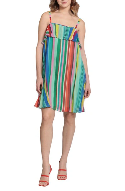 Shop Donna Morgan Stripe Pleated Shift Dress In Cream/ Aqua Green