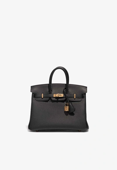 Shop Hermes Birkin 25 Top Handle Bag In Black Togo With Gold Hardware
