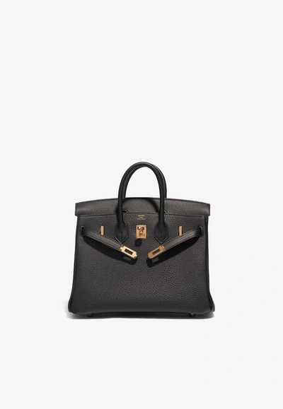 Shop Hermes Birkin 25 Top Handle Bag In Black Togo With Gold Hardware