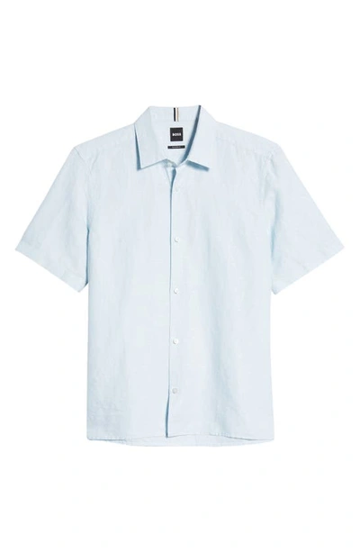 Shop Hugo Boss Lukka Floral Short Sleeve Cotton Button-up Shirt In Light/ Pastel Blue