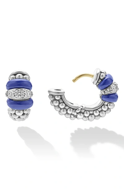 Shop Lagos Blue Caviar Diamond & Ceramic Huggie Hoop Earrings In Marine