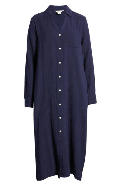 Shop Caslon Cotton Gauze Long Sleeve Midi Shirtdress In Navy Peacoat
