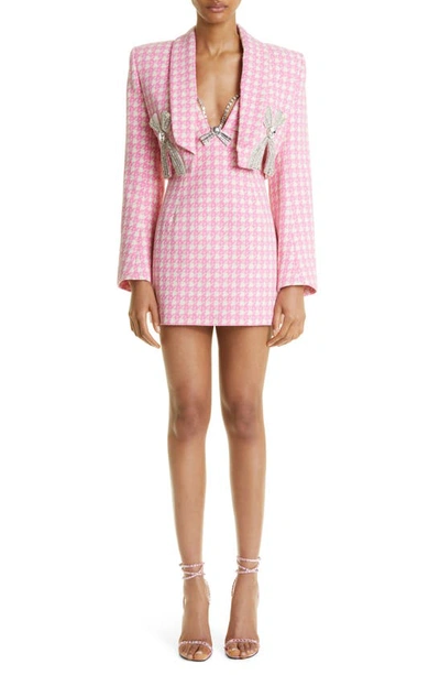 Shop Area Deco Crystal Bow Houndstooth Wool & Cotton Minidress In Pink Multi