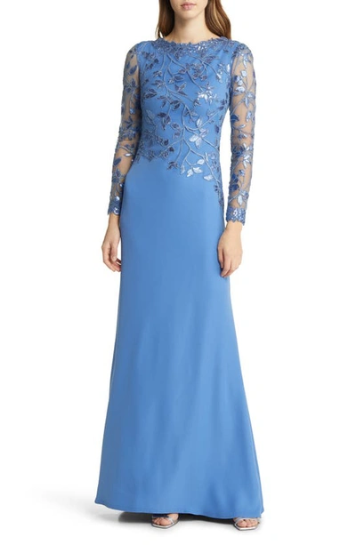 Shop Tadashi Shoji Sequin Lace Long Sleeve Crepe Gown In Cadet Blue