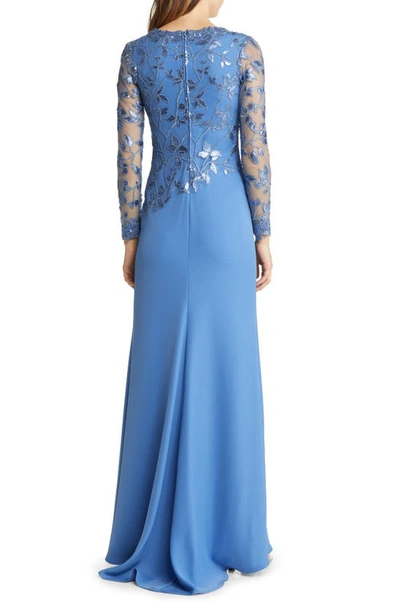 Shop Tadashi Shoji Sequin Lace Long Sleeve Crepe Gown In Cadet Blue