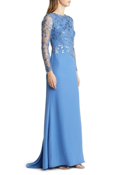 Shop Tadashi Shoji Sequin Lace Long Sleeve Crepe Gown In Cadet Blue