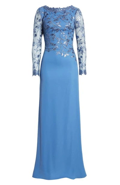 Shop Tadashi Shoji Sequin Lace Long Sleeve Crepe Gown In Cadet Blue