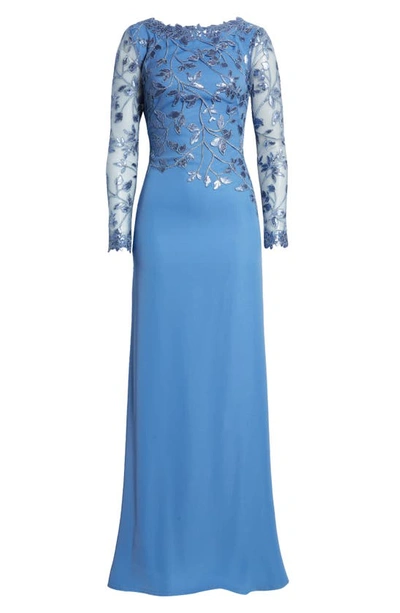 Tadashi Shoji Sequin Lace Long Sleeve Crepe Gown In Cadet Blue