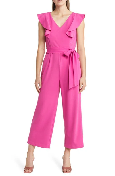 Shop Tahari Asl Ruffle Tie Waist Scuba Crepe Crop Jumpsuit In Berry Bliss