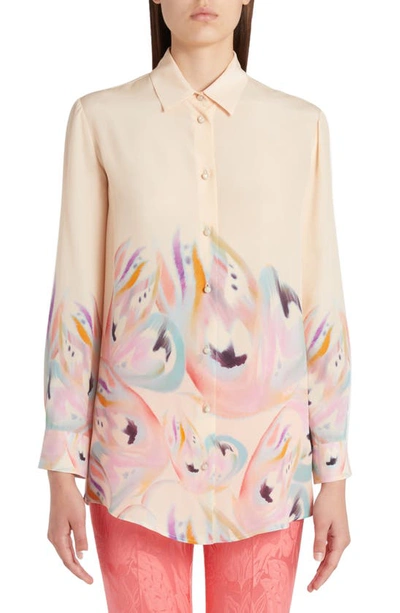 Shop Etro Watercolor Floral Silk Button-up Blouse In Beige