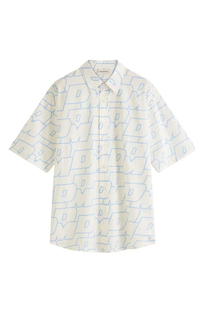 Shop Drôle De Monsieur Monogram Print Short Sleeve Cotton Button-up Shirt In Cream