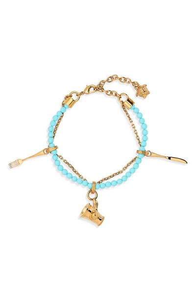 Shop Versace Cutlery Charm Beaded Bracelet In Gold/ Turquoise
