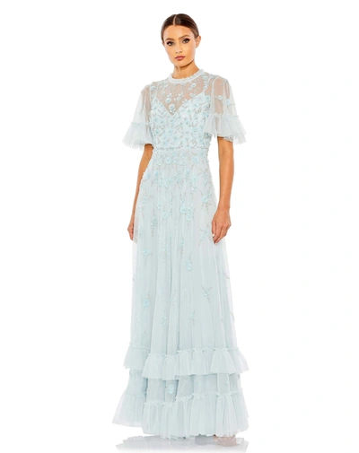 Shop Mac Duggal Ruffled Floral Embellished Flutter Sleeve A-line Gown In Powder Blue