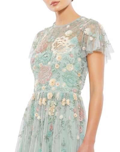 Shop Mac Duggal Embellished Illusion High Neck Butterfly Sleeve Midi Dress In Seafoam Multi