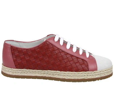 Shop Bottega Veneta Women's Leather Woven Lace Ups Sneakers In Red