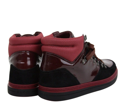 Shop Gucci Men's Contrast Combo  Patent Leather / Suede High Top Sneaker In Black