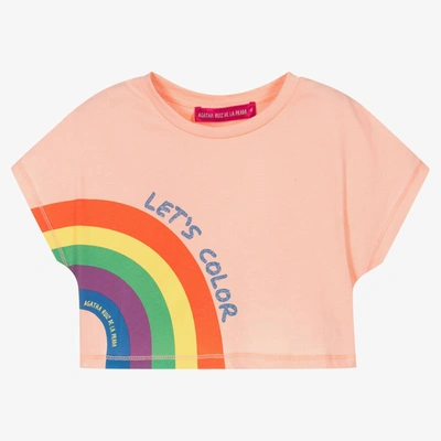 Shop Agatha Ruiz De La Prada Girls Pink Cropped Cotton Rainbow T-shirt