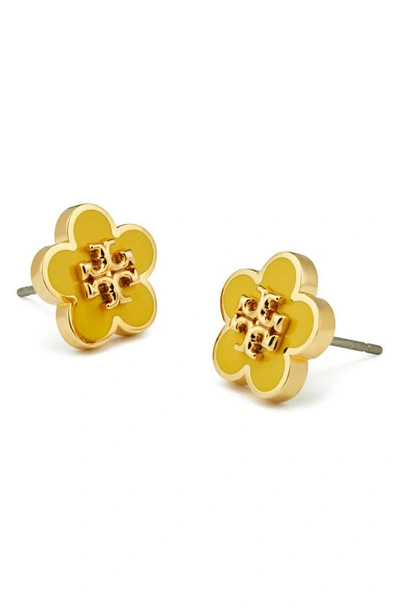 Shop Tory Burch Flower Stud Earrings In Tory Gold / Freesia Yellow