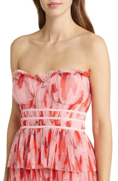 Shop Hutch Monaco Strapless Ruffle Tiered Plissé Gown In Blush Red Poppies Tulle