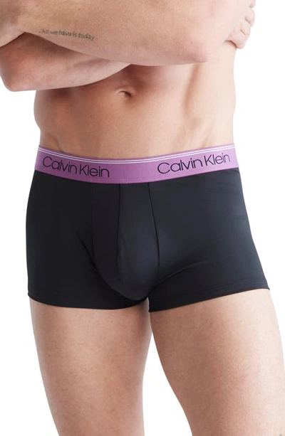 Shop Calvin Klein 3-pack Low Rise Microfiber Stretch Trunks In Black/ Blue/white/purple Logo
