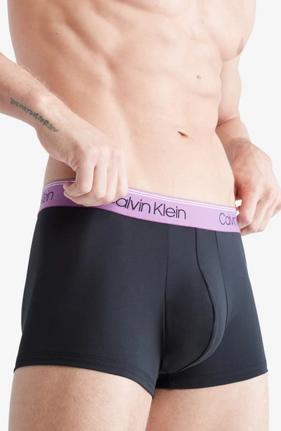 Shop Calvin Klein 3-pack Low Rise Microfiber Stretch Trunks In Black/ Blue/white/purple Logo