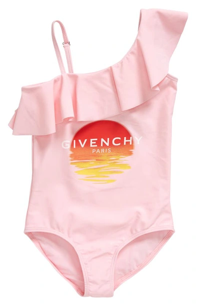 Shop Givenchy Kids' Sunset Logo Ruffle One-shoulder One-piece Swimsuit In 44z-marshmallow