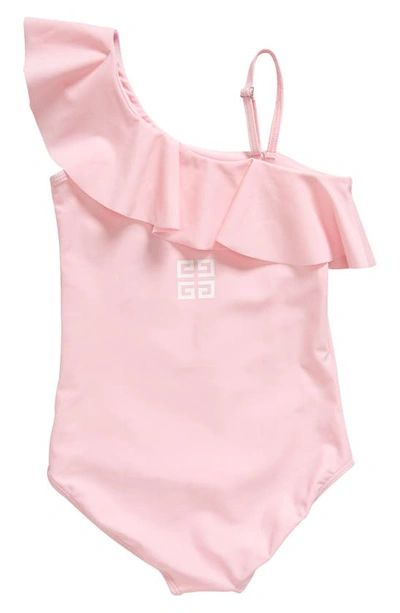 Shop Givenchy Kids' Sunset Logo Ruffle One-shoulder One-piece Swimsuit In 44z-marshmallow