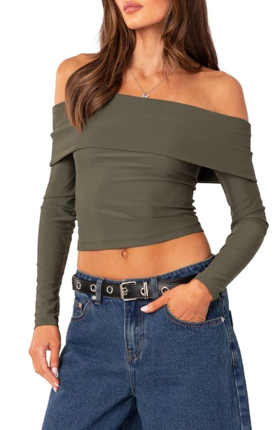 Edikted Brea Foldover Off The Shoulder Long Sleeve Crop Top In Olive