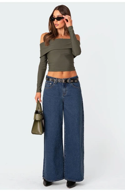 Edikted Brea Foldover Off The Shoulder Long Sleeve Crop Top In Olive