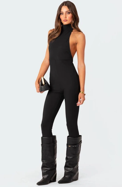 Edikted Aero Open Back Halter Jumpsuit In Black