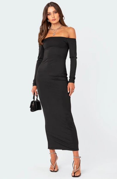 Shop Edikted Trish Long Sleeve Off The Shoulder Dress In Black