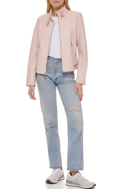 Shop Levi's Faux Leather Racer Jacket In Peach Blossom