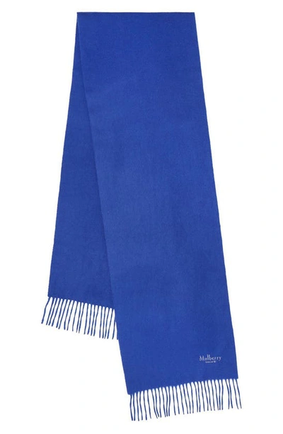 Shop Mulberry Embroidered Logo Fringe Trim Cashmere Scarf In Sapphire
